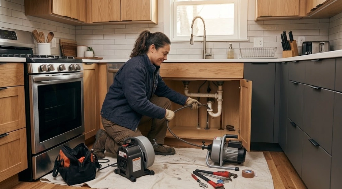 Professional technician performing kitchen sink drain cleaning Williamsbridge Bronx