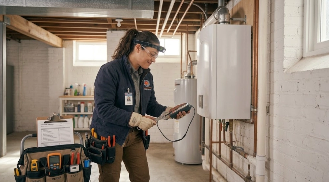 Heating technician inspecting and servicing a wall-mounted high-efficiency boiler system