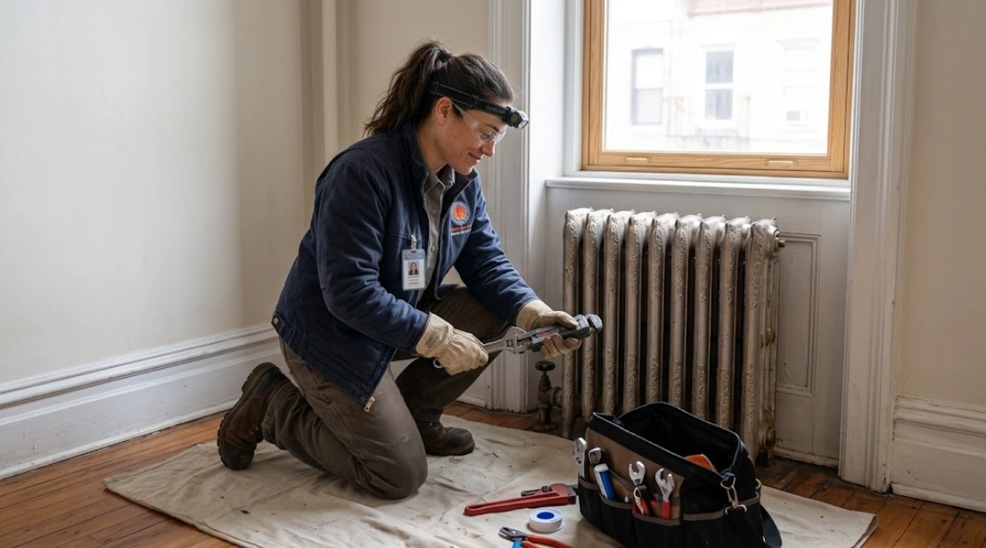 Plumber using pipe wrench to service and repair a cast-iron steam radiator valve and supply spud